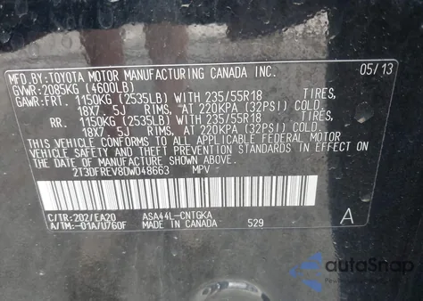 2013 Toyota Rav4 Limited z USA, uszkodzony, nr VIN 2T3DFREV8DW048663